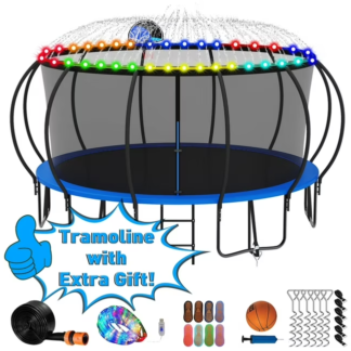 Kumix Trampoline 1500LBS for 8-9 Kids/ 4-5 Kids, 15FT Trampoline with Enclosure, Basketball Hoop, LED Light, Sprinkler, Socks, Outdoor Heavy Duty Galvanized Full Spray Round Trampoline, No Gap Design