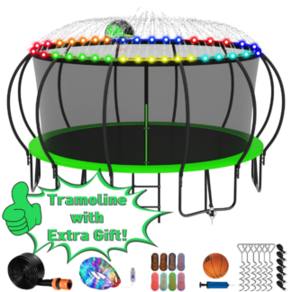 Kumix Trampoline 1500LBS for 8-9 Kids/ 4-5 Kids, 15FT Trampoline with Enclosure, Basketball Hoop, LED Light, Sprinkler, Socks, Outdoor Heavy Duty Galvanized Full Spray Round Trampoline, No Gap Design