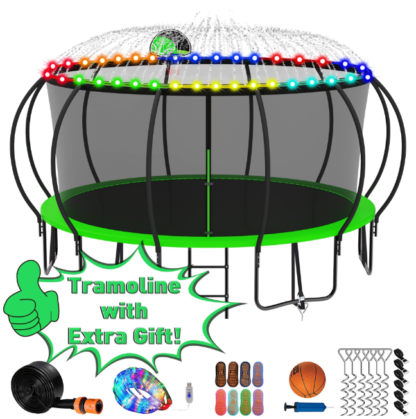 Kumix Trampoline 1500LBS for 8-9 Kids/ 4-5 Kids, 15FT Trampoline with Enclosure, Basketball Hoop, LED Light, Sprinkler, Socks, Outdoor Heavy Duty Galvanized Full Spray Round Trampoline, No Gap Design
