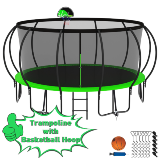Kumix Trampoline 1500LBS for 8-9 Kids/ 4-5 Kids, 15FT Trampoline with Enclosure, Basketball Hoop, Ladder, Wind Stakes, Outdoor Heavy Duty Galvanized Full Spray Round Trampoline, No Gap Design