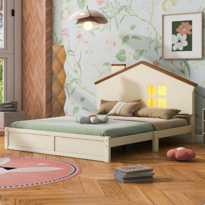 Kumix Platform Bed Full Size, Wood Full Platform Bed with House-Shaped Headboard, Built-in LED and Solid Wood Legs, Platform Bed for Kids for Bedroom, Dorm, No Box Spring Needed