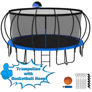 Kumix Trampoline 1500LBS for 8-9 Kids/ 4-5 Kids, 15FT Trampoline with Enclosure, Basketball Hoop, Ladder, Wind Stakes, Outdoor Heavy Duty Galvanized Full Spray Round Trampoline, No Gap Design
