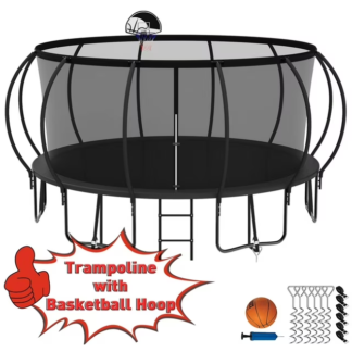 Kumix Trampoline 1500LBS for 8-9 Kids/ 4-5 Kids, 15FT Trampoline with Enclosure, Basketball Hoop, Ladder, Wind Stakes, Outdoor Heavy Duty Galvanized Full Spray Round Trampoline, No Gap Design