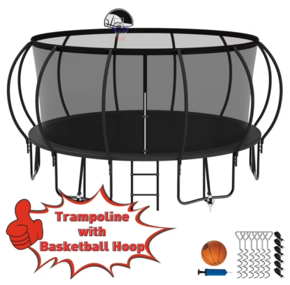 Kumix Trampoline 1500LBS for 8-9 Kids/ 4-5 Kids, 15FT Trampoline with Enclosure, Basketball Hoop, Ladder, Wind Stakes, Outdoor Heavy Duty Galvanized Full Spray Round Trampoline, No Gap Design