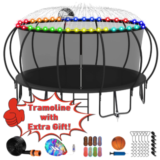Kumix Trampoline 1500LBS for 10 Kids/ 6 Kids, 16FT Trampoline with Enclosure, Basketball Hoop, LED Light, Sprinkler, Socks, Outdoor Heavy Duty Galvanized Full Spray Round Trampoline, No Gap Design