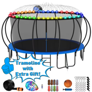 Kumix Trampoline 1500LBS for 10 Kids/ 6 Kids, 16FT Trampoline with Enclosure, Basketball Hoop, LED Light, Sprinkler, Socks, Outdoor Heavy Duty Galvanized Full Spray Round Trampoline, No Gap Design