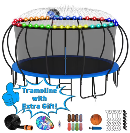 Kumix Trampoline 1500LBS for 10 Kids/ 6 Kids, 16FT Trampoline with Enclosure, Basketball Hoop, LED Light, Sprinkler, Socks, Outdoor Heavy Duty Galvanized Full Spray Round Trampoline, No Gap Design