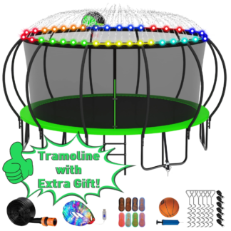 Kumix Trampoline 1500LBS for 10 Kids/ 6 Kids, 16FT Trampoline with Enclosure, Basketball Hoop, LED Light, Sprinkler, Socks, Outdoor Heavy Duty Galvanized Full Spray Round Trampoline, No Gap Design