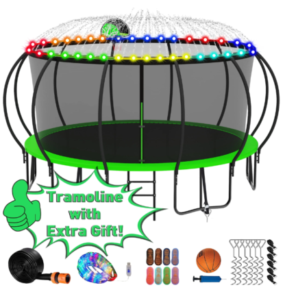 Kumix Trampoline 1500LBS for 10 Kids/ 6 Kids, 16FT Trampoline with Enclosure, Basketball Hoop, LED Light, Sprinkler, Socks, Outdoor Heavy Duty Galvanized Full Spray Round Trampoline, No Gap Design