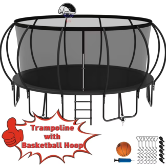 Kumix Trampoline 1500LBS for 10 Kids/ 6 Kids, 16FT Trampoline with Enclosure, Basketball Hoop, Ladder, Wind Stakes, Outdoor Heavy Duty Galvanized Full Spray Round Trampoline, No Gap Design