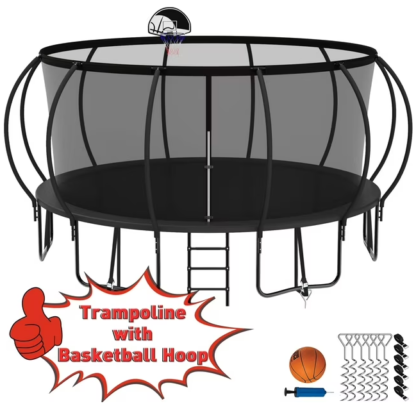 Kumix Trampoline 1500LBS for 10 Kids/ 6 Kids, 16FT Trampoline with Enclosure, Basketball Hoop, Ladder, Wind Stakes, Outdoor Heavy Duty Galvanized Full Spray Round Trampoline, No Gap Design