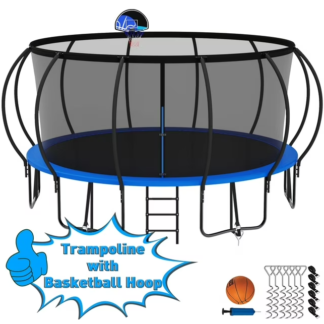 Kumix Trampoline 1500LBS for 10 Kids/ 6 Kids, 16FT Trampoline with Enclosure, Basketball Hoop, Ladder, Wind Stakes, Outdoor Heavy Duty Galvanized Full Spray Round Trampoline, No Gap Design