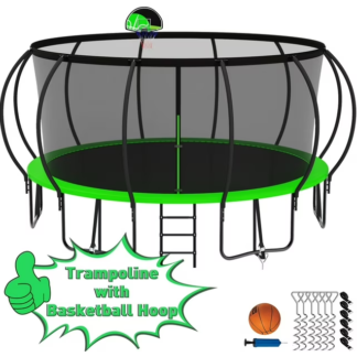 Kumix Trampoline 1500LBS for 10 Kids/ 6 Kids, 16FT Trampoline with Enclosure, Basketball Hoop, Ladder, Wind Stakes, Outdoor Heavy Duty Galvanized Full Spray Round Trampoline, No Gap Design