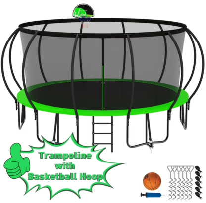 Kumix Trampoline 1500LBS for 10 Kids/ 6 Kids, 16FT Trampoline with Enclosure, Basketball Hoop, Ladder, Wind Stakes, Outdoor Heavy Duty Galvanized Full Spray Round Trampoline, No Gap Design