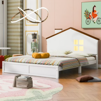 Kumix Platform Bed Full Size, Wood Full Platform Bed with House-Shaped Headboard, Built-in LED and Solid Wood Legs, Platform Bed for Kids for Bedroom, Dorm, No Box Spring Needed