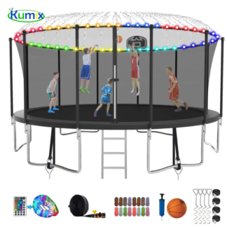 Kumix 15FT Trampoline with Enclosure Net, Basketball Hoop and Lights, 1500LBS Capacity for 7-8 Kids and Adults
