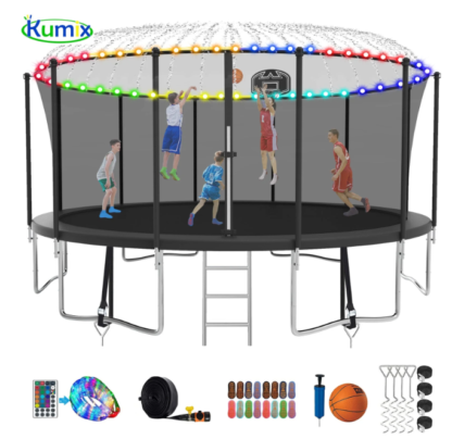 Kumix 15FT Trampoline with Enclosure Net, Basketball Hoop and Lights, 1500LBS Capacity for 7-8 Kids and Adults