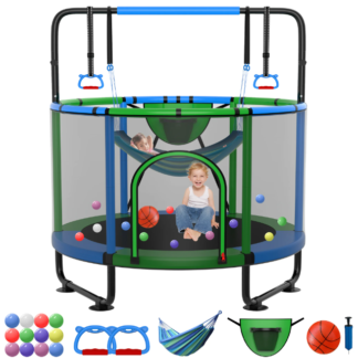 Kumix Trampoline for Kids, 60'' Toddler Trampoline with Enclosure, Swing, Basketball Hoop, 5FT Indoor/Outdoor Trampoline with Adjustable Gymnastics Bars, Rings, Mini Trampoline for Boy and Girls