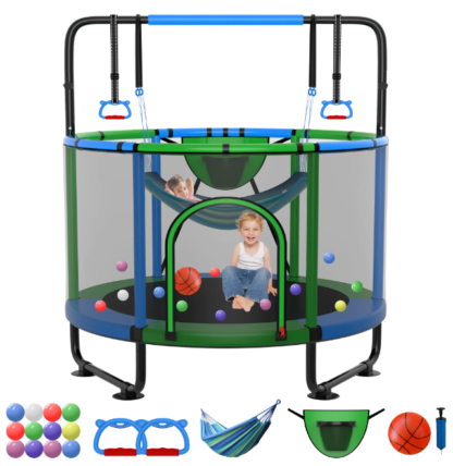 Kumix Trampoline for Kids, 60'' Toddler Trampoline with Enclosure, Swing, Basketball Hoop, 5FT Indoor/Outdoor Trampoline with Adjustable Gymnastics Bars, Rings, Mini Trampoline for Boy and Girls