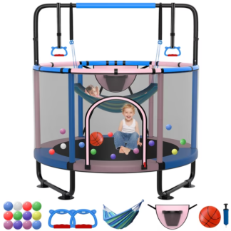 Kumix Trampoline for Kids, 60'' Toddler Trampoline with Enclosure, Swing, Basketball Hoop, 5FT Indoor/Outdoor Trampoline with Adjustable Gymnastics Bars, Rings, Mini Trampoline for Boy and Girls