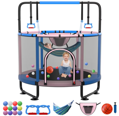 Kumix Trampoline for Kids, 60'' Toddler Trampoline with Enclosure, Swing, Basketball Hoop, 5FT Indoor/Outdoor Trampoline with Adjustable Gymnastics Bars, Rings, Mini Trampoline for Boy and Girls