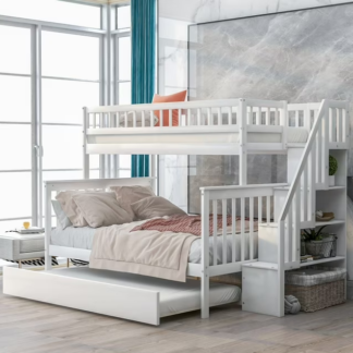 Jump Into Fun Bunk Bed Twin over Full Size, Wood Bunk Beds with Trundle, Staircase, Storage and Full Safety Guardrail, Bunk Beds for Kids, Solid Wood Bunk Beds for Bedroom, Dormitory, White