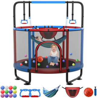 Kumix Trampoline for Kids, 60'' Toddler Trampoline with Enclosure, Swing, Basketball Hoop, 5FT Indoor/Outdoor Trampoline with Adjustable Gymnastics Bars, Rings, Mini Trampoline for Boy and Girls
