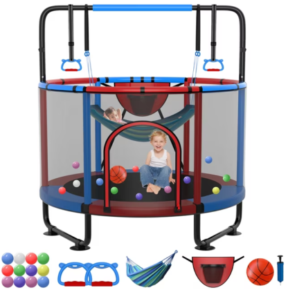 Kumix Trampoline for Kids, 60'' Toddler Trampoline with Enclosure, Swing, Basketball Hoop, 5FT Indoor/Outdoor Trampoline with Adjustable Gymnastics Bars, Rings, Mini Trampoline for Boy and Girls
