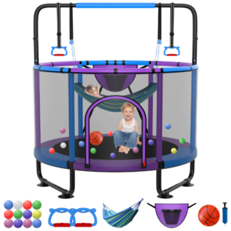 Kumix Trampoline for Kids, 60'' Toddler Trampoline with Enclosure, Swing, Basketball Hoop, 5FT Indoor/Outdoor Trampoline with Adjustable Gymnastics Bars, Rings, Mini Trampoline for Boy and Girls