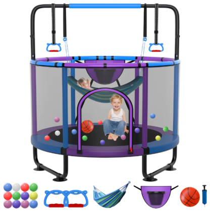 Kumix Trampoline for Kids, 60'' Toddler Trampoline with Enclosure, Swing, Basketball Hoop, 5FT Indoor/Outdoor Trampoline with Adjustable Gymnastics Bars, Rings, Mini Trampoline for Boy and Girls