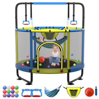Kumix Trampoline for Kids, 60'' Toddler Trampoline with Enclosure, Swing, Basketball Hoop, 5FT Indoor/Outdoor Trampoline with Adjustable Gymnastics Bars, Rings, Mini Trampoline for Boy and Girls