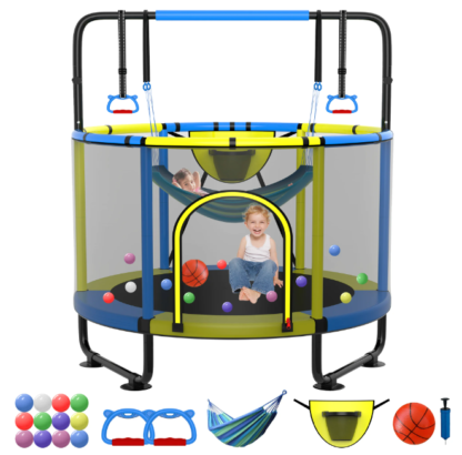 Kumix Trampoline for Kids, 60'' Toddler Trampoline with Enclosure, Swing, Basketball Hoop, 5FT Indoor/Outdoor Trampoline with Adjustable Gymnastics Bars, Rings, Mini Trampoline for Boy and Girls