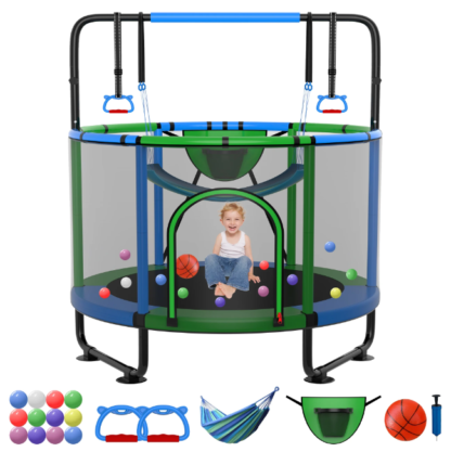 Kumix Trampoline for Kids, 54'' Toddler Trampoline with Enclosure, Swing, Basketball Hoop, 4.5FT Indoor/Outdoor Trampoline with Adjustable Gymnastics Bars, Rings, Mini Trampoline for Boy and Girls