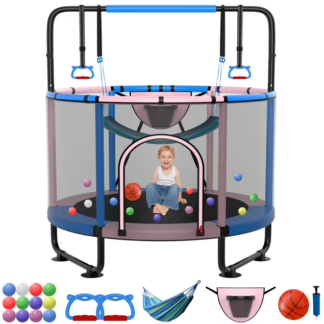 Kumix Trampoline for Kids, 54'' Toddler Trampoline with Enclosure, Swing, Basketball Hoop, 4.5FT Indoor/Outdoor Trampoline with Adjustable Gymnastics Bars, Rings, Mini Trampoline for Boy and Girls