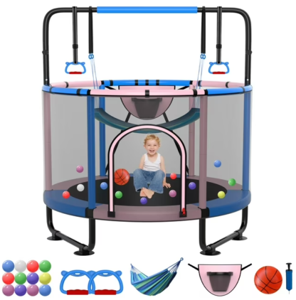 Kumix Trampoline for Kids, 54'' Toddler Trampoline with Enclosure, Swing, Basketball Hoop, 4.5FT Indoor/Outdoor Trampoline with Adjustable Gymnastics Bars, Rings, Mini Trampoline for Boy and Girls