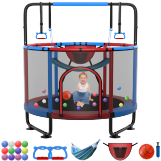 Kumix Trampoline for Kids, 54'' Toddler Trampoline with Enclosure, Swing, Basketball Hoop, 4.5FT Indoor/Outdoor Trampoline with Adjustable Gymnastics Bars, Rings, Mini Trampoline for Boy and Girls