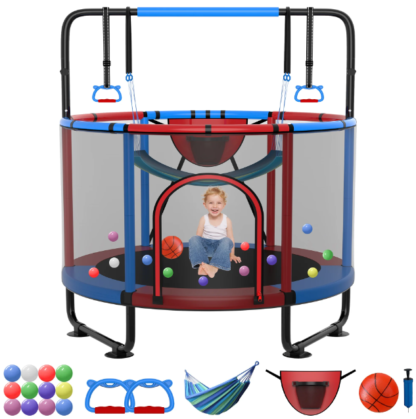 Kumix Trampoline for Kids, 54'' Toddler Trampoline with Enclosure, Swing, Basketball Hoop, 4.5FT Indoor/Outdoor Trampoline with Adjustable Gymnastics Bars, Rings, Mini Trampoline for Boy and Girls