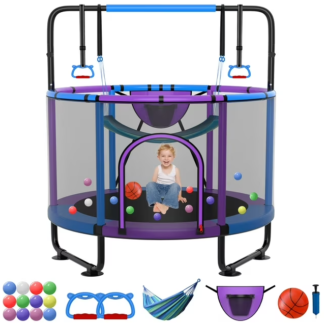 Kumix Trampoline for Kids, 54'' Toddler Trampoline with Enclosure, Swing, Basketball Hoop, 4.5FT Indoor/Outdoor Trampoline with Adjustable Gymnastics Bars, Rings, Mini Trampoline for Boy and Girls