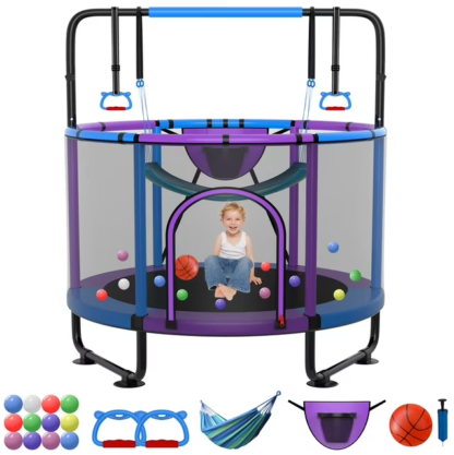 Kumix Trampoline for Kids, 54'' Toddler Trampoline with Enclosure, Swing, Basketball Hoop, 4.5FT Indoor/Outdoor Trampoline with Adjustable Gymnastics Bars, Rings, Mini Trampoline for Boy and Girls