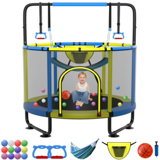 Kumix Trampoline for Kids, 54'' Toddler Trampoline with Enclosure, Swing, Basketball Hoop, 4.5FT Indoor/Outdoor Trampoline with Adjustable Gymnastics Bars, Rings, Mini Trampoline for Boy and Girls