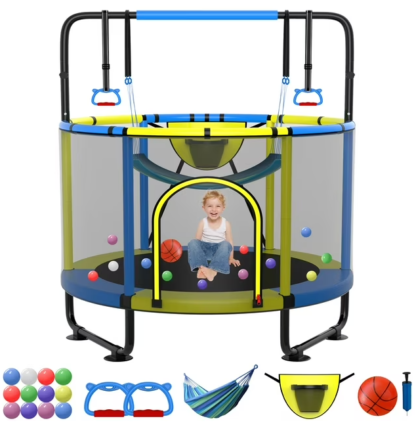 Kumix Trampoline for Kids, 54'' Toddler Trampoline with Enclosure, Swing, Basketball Hoop, 4.5FT Indoor/Outdoor Trampoline with Adjustable Gymnastics Bars, Rings, Mini Trampoline for Boy and Girls