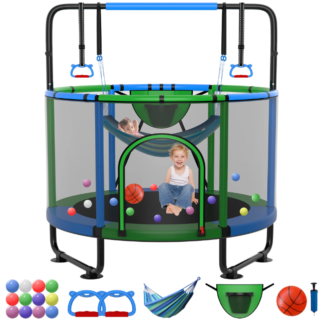 Kumix Trampoline for Kids, 66'' Toddler Trampoline with Enclosure, Swing, Basketball Hoop, 5.5FT Indoor/Outdoor Trampoline with Adjustable Gymnastics Bars, Rings, Mini Trampoline for Boy and Girls