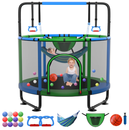 Kumix Trampoline for Kids, 66'' Toddler Trampoline with Enclosure, Swing, Basketball Hoop, 5.5FT Indoor/Outdoor Trampoline with Adjustable Gymnastics Bars, Rings, Mini Trampoline for Boy and Girls