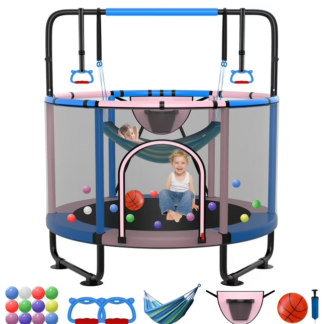 Kumix Trampoline for Kids, 66'' Toddler Trampoline with Enclosure, Swing, Basketball Hoop, 5.5FT Indoor/Outdoor Trampoline with Adjustable Gymnastics Bars, Rings, Mini Trampoline for Boy and Girls