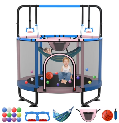 Kumix Trampoline for Kids, 66'' Toddler Trampoline with Enclosure, Swing, Basketball Hoop, 5.5FT Indoor/Outdoor Trampoline with Adjustable Gymnastics Bars, Rings, Mini Trampoline for Boy and Girls