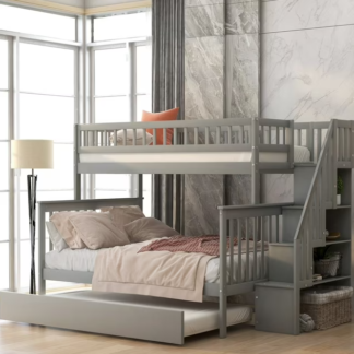 Jump Into Fun Bunk Bed Twin over Full Size, Wood Bunk Beds with Trundle, Staircase, Storage and Full Safety Guardrail, Bunk Beds for Kids, Solid Wood Bunk Beds for Bedroom, Dormitory, Gray