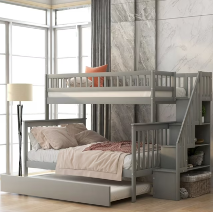 Jump Into Fun Bunk Bed Twin over Full Size, Wood Bunk Beds with Trundle, Staircase, Storage and Full Safety Guardrail, Bunk Beds for Kids, Solid Wood Bunk Beds for Bedroom, Dormitory, Gray