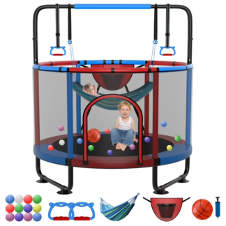 Kumix Trampoline for Kids, 66'' Toddler Trampoline with Enclosure, Swing, Basketball Hoop, 5.5FT Indoor/Outdoor Trampoline with Adjustable Gymnastics Bars, Rings, Mini Trampoline for Boy and Girls