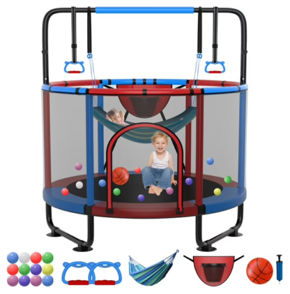 Kumix Trampoline for Kids, 66'' Toddler Trampoline with Enclosure, Swing, Basketball Hoop, 5.5FT Indoor/Outdoor Trampoline with Adjustable Gymnastics Bars, Rings, Mini Trampoline for Boy and Girls