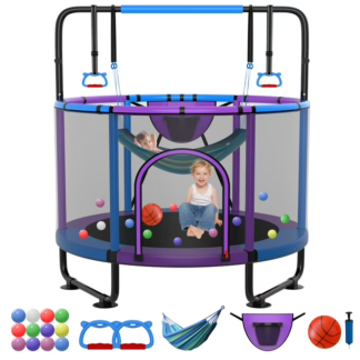 Kumix Trampoline for Kids, 66'' Toddler Trampoline with Enclosure, Swing, Basketball Hoop, 5.5FT Indoor/Outdoor Trampoline with Adjustable Gymnastics Bars, Rings, Mini Trampoline for Boy and Girls